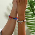 Beaded Couple Bracelets with Rhinestone Charms - Unisex Set