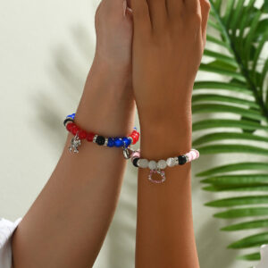 Beaded Couple Bracelets with Rhinestone Charms - Unisex Set