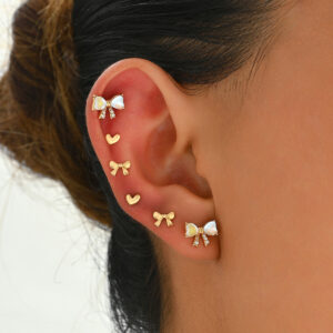 Copper Earrings Set with Zircon Bow & Heart Studs Sweet Style