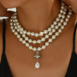 Copper Multi-layer Pearl Necklace with Orb Pendant & Stones 41-50cm