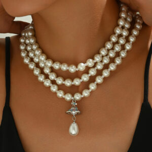 Copper Multi-layer Pearl Necklace with Orb Pendant & Stones 41-50cm