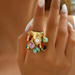 Copper Ring with Colorful Stone Charms Adjustable Trendy