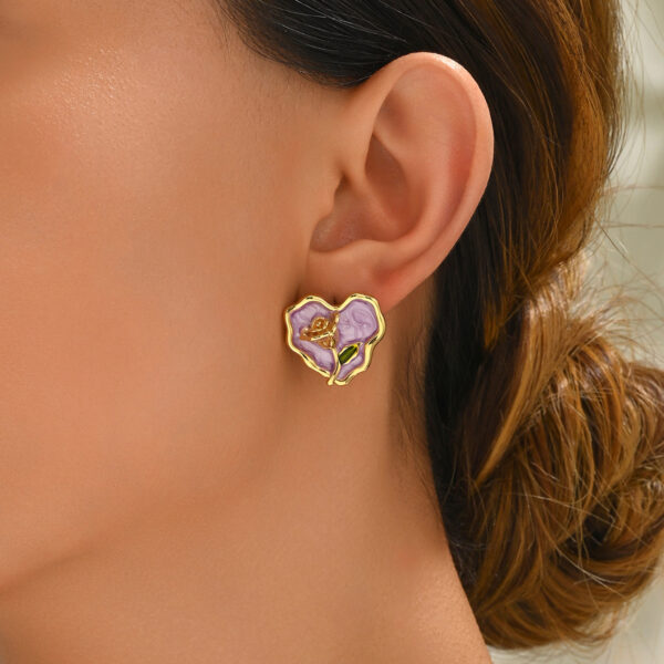 Copper Tone Heart Rose Enamel Earrings - Image 2