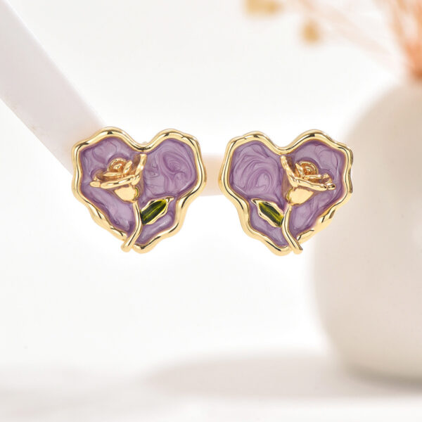 Copper Tone Heart Rose Enamel Earrings - Image 3
