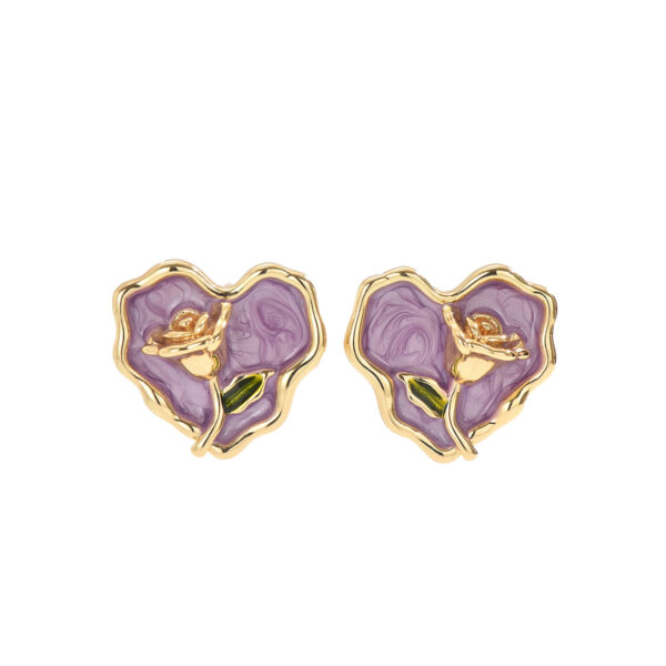 Copper Tone Heart Rose Enamel Earrings - Image 5