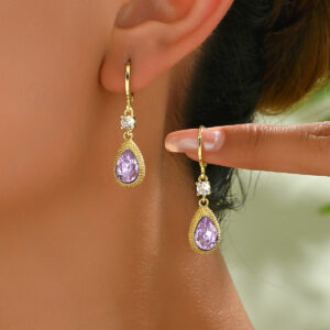 Earrings in Gold-tone with Purple Crystal Drop Light Luxury