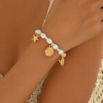Faux Pearl Bracelet with Starfish & Shell Charms