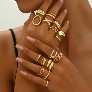 Geometric Rings Set in Gold-tone Zinc Alloy