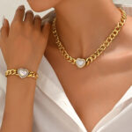 Gold-Tone Alloy Heart Pendant Necklace & Bracelet Set