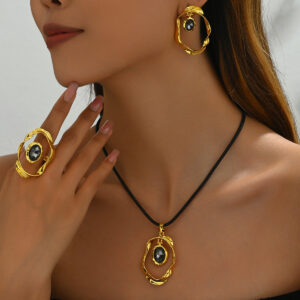 Gold-Tone Alloy Jewelry Set with Geometric Stone