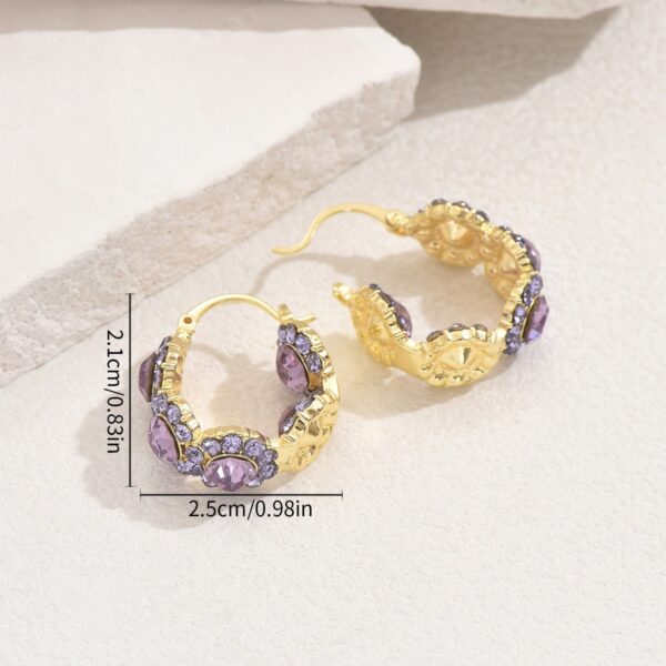 Gold-Tone Copper Geometric Hoop Earrings with Purple Stones - Image 4
