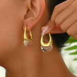 Gold-tone Copper Geometric Inlaid Stone Earrings