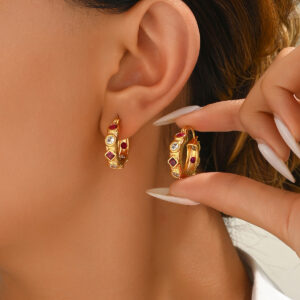 Gold-tone Geometric Hoop Earrings with Red & Clear Stones