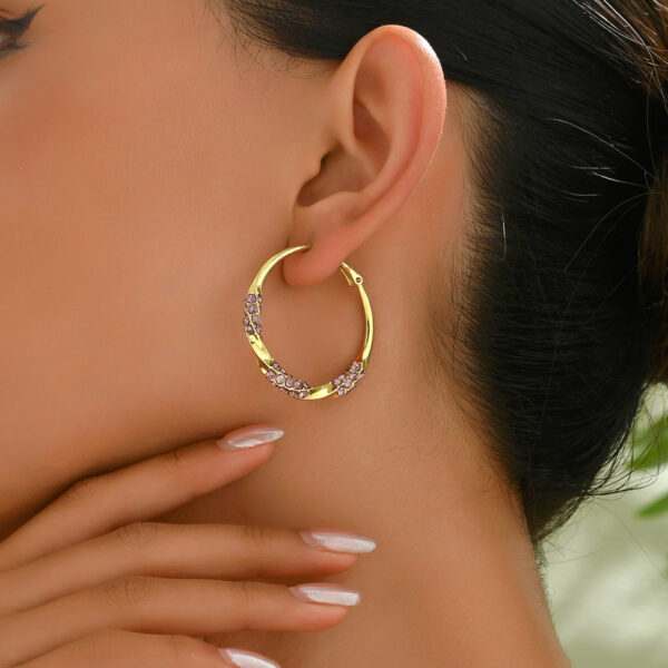 Gold-Tone Hoop Earrings with Pink Stones - Image 2