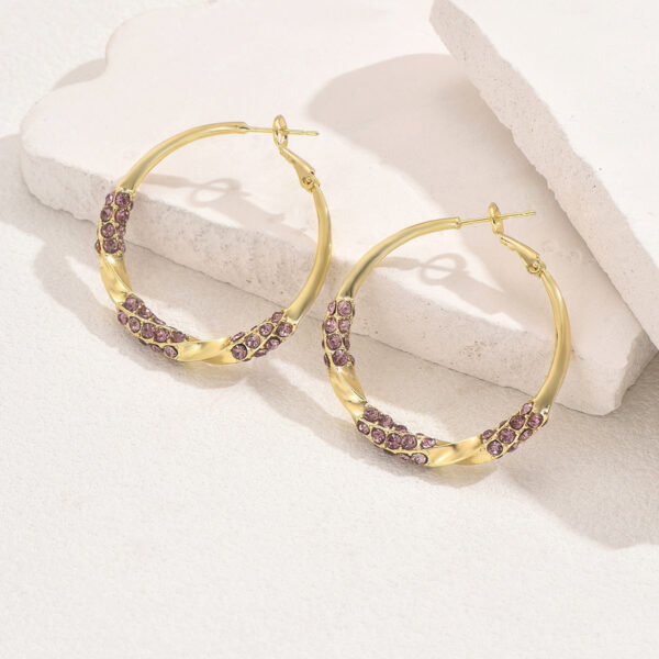 Gold-Tone Hoop Earrings with Pink Stones - Image 3