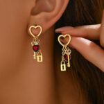 Gold Tone Alloy Dangle Earrings Red Gem Heart Key Lock