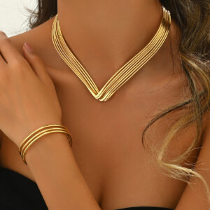 Gold Tone Alloy Multi-Layer V-Shape Necklace & Bracelet Set