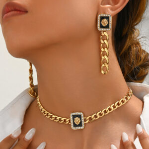 Gold Tone Alloy Necklace Earring Set with Lion Head & Rhinestones