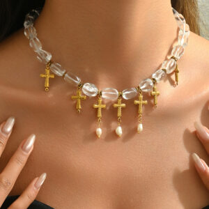 Gold Tone Copper Cross & Pearl Beaded Necklace 41-50cm