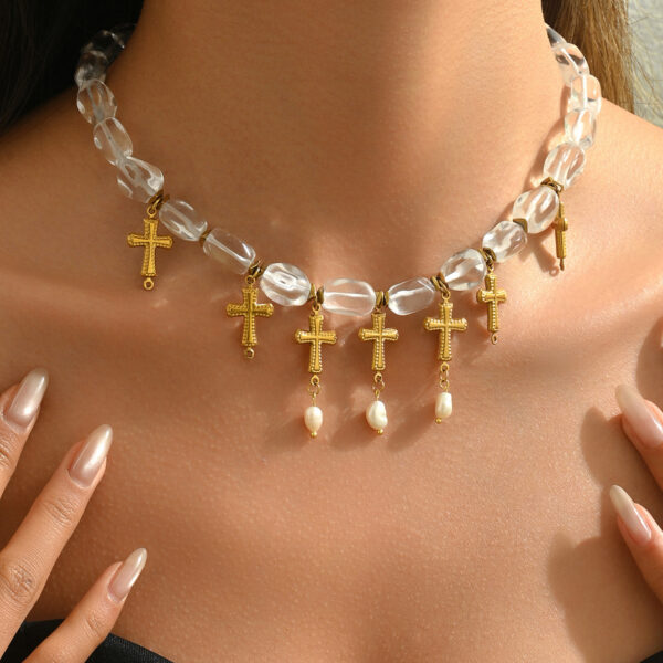 gold_tone_copper_cross_&_pearl_beaded_necklace_41-50cm_image_1