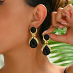 Gold Tone Copper Dangle Earrings with Black Geometric Stones