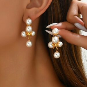 Gold Tone Copper Pearl Cluster Earrings - French Retro Style