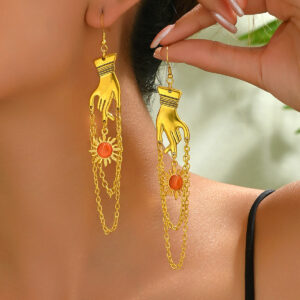 Gold Tone Hand & Sun Charm Dangle Earrings