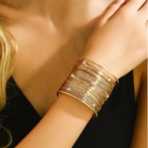 Gold Tone Inlaid Stone Trendy Cuff Bracelet
