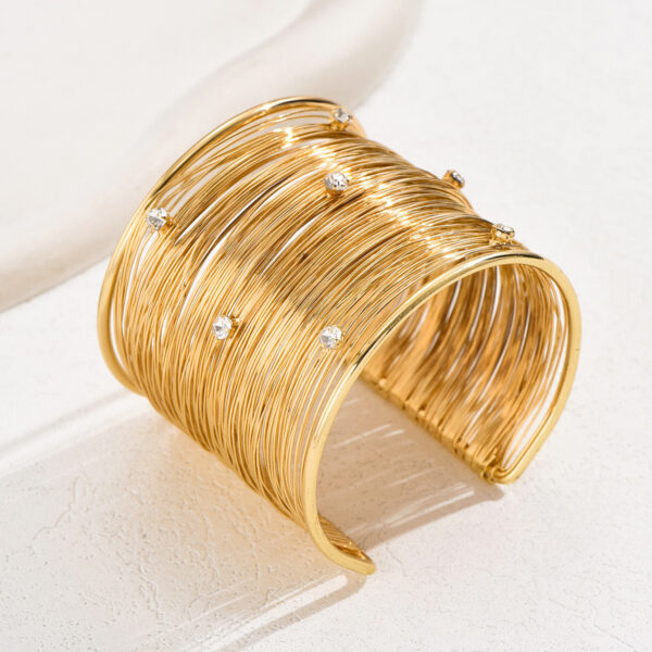 Gold Tone Inlaid Stone Trendy Cuff Bracelet - Image 3