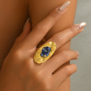 Gold Tone Oval Open Ring with Blue Crystal
