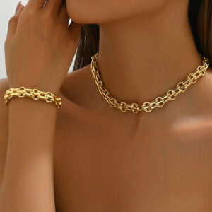 Gold Tone Thick Link Chain Necklace Bracelet Set for Women