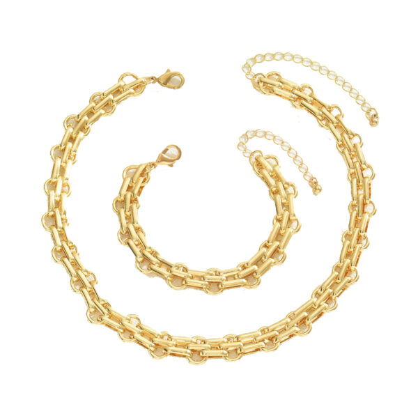 Gold Tone Thick Link Chain Necklace Bracelet Set for Women - Image 5