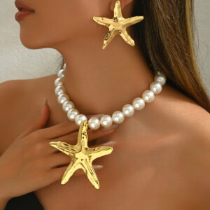 Metallic Faux Pearl Starfish Earrings Necklace Set Long