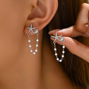 Metallic Pearl Starfish Shell Dangle Earrings Fresh Sweet Style