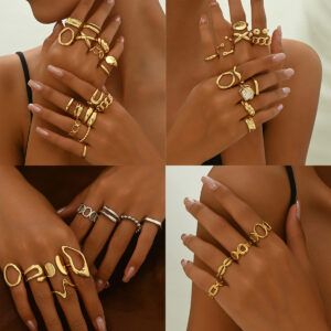 Trendy Zinc Alloy Gold Tone Geometric Rings Set