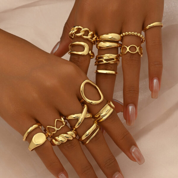 Trendy Zinc Alloy Gold Tone Geometric Rings Set - Image 7