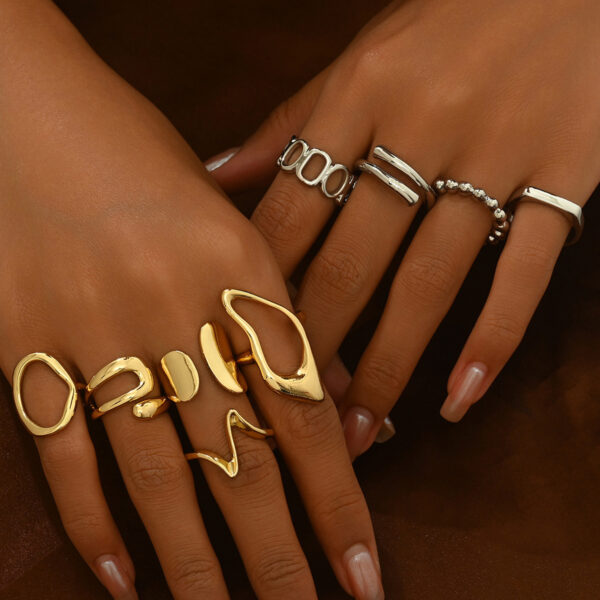 Trendy Zinc Alloy Gold Tone Geometric Rings Set - Image 8