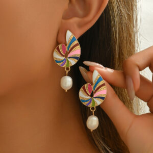 Zinc Alloy Enamel Nautilus Shell & Faux Pearl Drop Earrings