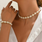 Zinc Alloy Pearl Necklace & Bracelet Set Geometric Design