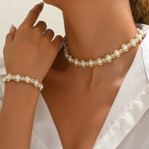 Zinc Alloy Pearl Necklace & Bracelet Set Geometric Design