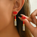 Zinc Alloy Rhinestone Lip Lipstick Dangle Earrings European Style